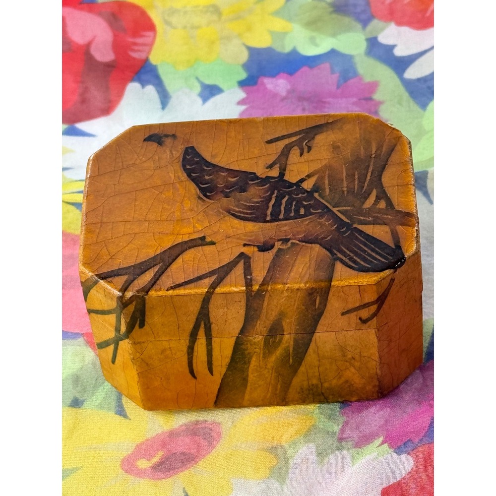 Vintage Japanese Lacquerware Trinket Box Bird Hand Painted Crackle Glaze Small - Picture 2 of 6